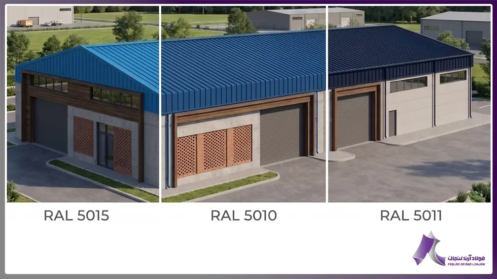 Comparison of three different blue RAL colors on a shed roof