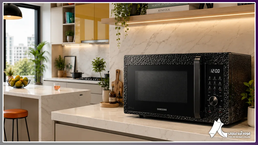 Black microwave with textured finish