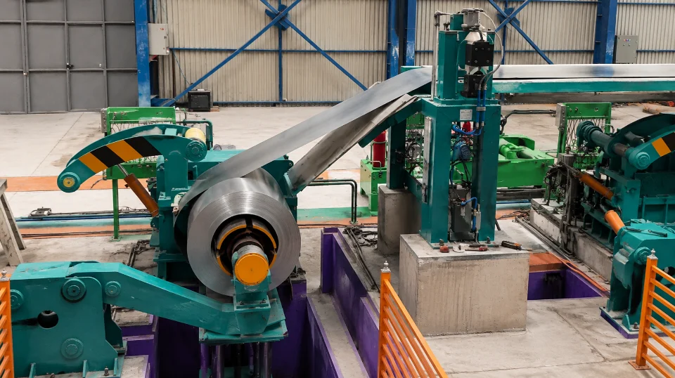Galvanized sheet enters the line and coils are joined to keep production continuous